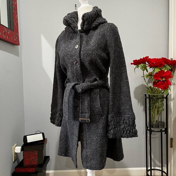 NEW Willi Smith Wool Classic Belted Longline Knit Swing Embellished Car Coat S - Picture 2 of 16